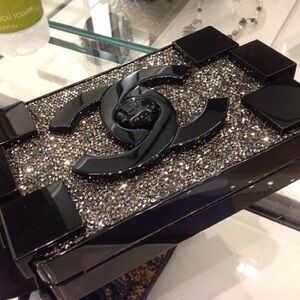 CHANEL Black and Glittering Silver Box Clutch